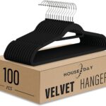HOUSE DAY Clothes Hangers Pack of 100 Velvet Coat Hangers Black Non-Slip Space Saving Hangers Adult Hangers L16.8 D1/4"