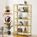 5 Tier Foldable Storage Shelves, Expandable Folding Shelving Units with Wheels, Changeable into 2 Shelf Units, Collapsible Adjustable Storage Rack Metal Shelves for Storage, Pantry, Garage, Gold - Image 7