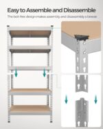 SONGMICS 5-Tier Storage Shelves, Garage Storage, Boltless Assembly, Adjustable Shelving Unit, 11.8 x 29.5 x 59.1 Inches, Load 1929 lb, for Shed Warehouse Basement Kitchen, Silver UGLR300E01 - Image 6