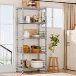 5-Tier Storage Shelves Metal Wire Shelving Unit Storage Rack Height Adjustable Pantry Shelves with 5 Hooks & Shelf Liners for Living Room, Kitchen, Bathroom 21.2 W x 11.4" D x 59" H (Silver) - Image 2