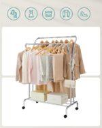 SONGMICS Clothes Rail, Clothes Rack, Double Clothes Hanging Rail, Heavy-Duty Metal Frame, with Wheels and Shelf, 100 kg Total Max. Load, 103.5 cm Wide, Clothing Storage, Silver HSR107E01 - Image 3