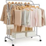 SONGMICS Clothes Rail, Clothes Rack, Double Clothes Hanging Rail, Heavy-Duty Metal Frame, with Wheels and Shelf, 100 kg Total Max. Load, 103.5 cm Wide, Clothing Storage, Silver HSR107E01