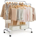 SONGMICS Clothes Rail, Clothes Rack, Double Clothes Hanging Rail, Heavy-Duty Metal Frame, with Wheels and Shelf, 100 kg Total Max. Load, 103.5 cm Wide, Clothing Storage, Silver HSR107E01