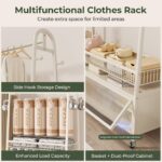 Freestanding Coat Rack with Storage Cabinet, Metal Garment Rack with Lockable Wheels & Wire Mesh Shelf Portable Closet Organizer Hanger Stand for Bedroom, Living Room, Cream White - 120cm - Image 6