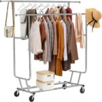 Garment Rack, Stainless Steel Clothes Organizer with Wheels, Double Rod Clothing Rack for Hanging Clothes (Silver, 130 x 55 x 160 CM)