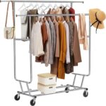 Garment Rack, Stainless Steel Clothes Organizer with Wheels, Double Rod Clothing Rack for Hanging Clothes (Silver, 130 x 55 x 160 CM)