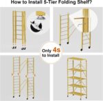 5 Tier Foldable Storage Shelves, Expandable Folding Shelving Units with Wheels, Changeable into 2 Shelf Units, Collapsible Adjustable Storage Rack Metal Shelves for Storage, Pantry, Garage, Gold - Image 5