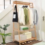 medla Bamboo Clothes Hanging Rack: Storage Clothing Stand with 2-Tier Shelf Free Standing Garment Rack Open Wardrobe with Hooks for Living Room Bedroom - Image 4