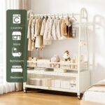 Freestanding Coat Rack with Storage Cabinet, Metal Garment Rack with Lockable Wheels & Wire Mesh Shelf Portable Closet Organizer Hanger Stand for Bedroom, Living Room, Cream White - 120cm - Image 4