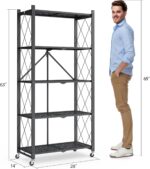 Fenbeli 5 Tier Storage Shelf with Wheels - Metal Collapsible Shelving Unit Display, Heavy Duty Folding Shelves, No Assembly Organizer Rack for Garage Kitchen, Basement, Pantry (Black, 5 Tier) - Image 3
