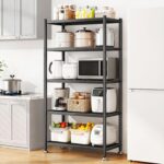 5 Tier Adjustable Storage Shelves, Heavy Duty Metal Storage Rack with Wheels, Shelving Units Utility Shelf for Kitchen, Pantry, Bathroom, Garage, Office Organization and Storage, Black, 13"x24"x59.7"