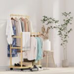 medla Clothing Rail with Wheels: Rolling Clothes Hanger Stand Double Rod Portable Clothes Rack on Wheels with Bottom Shelf for Shoe Storage Wooden Standing Garment Organizer for Bedroom Balcony - Image 3