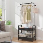 ANTOLE 2-in 1 Garment Rack, Clothing Rack with 2 Tier Metal Basket, Rolling Storage Cart Clothes Organizer Coat Rack Storage Stand on Wheels, Clothes Rack,Heavy Duty Clothing Rack (Black) - Image 4
