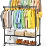 Rolling Clothes Rack with Doule Rod for Hanging, Heavy Duty Metal Garment Rack Load 350 LBS with Lockable Wheel, Free Standng Clothing Rack with 2 Shelves and Side Hooks for Home Commercial, Black