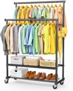 Rolling Clothes Rack with Doule Rod for Hanging, Heavy Duty Metal Garment Rack Load 350 LBS with Lockable Wheel, Free Standng Clothing Rack with 2 Shelves and Side Hooks for Home Commercial, Black