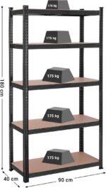 SONGMICS 5-Tier Shelving Unit, Steel Shelving Unit for Storage, Tool-Free Assembly, for Garage, Shed, Load Capacity 875 kg, 40 x 90 x 180 cm, Black GLR040B01 - Image 3