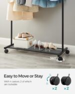 SONGMICS Clothes Rack with Wheels, Garment Rack, with Dense Mesh Shelf, 2 Brakes, Sturdy Steel Frame, Black UHSR25BK - Image 4