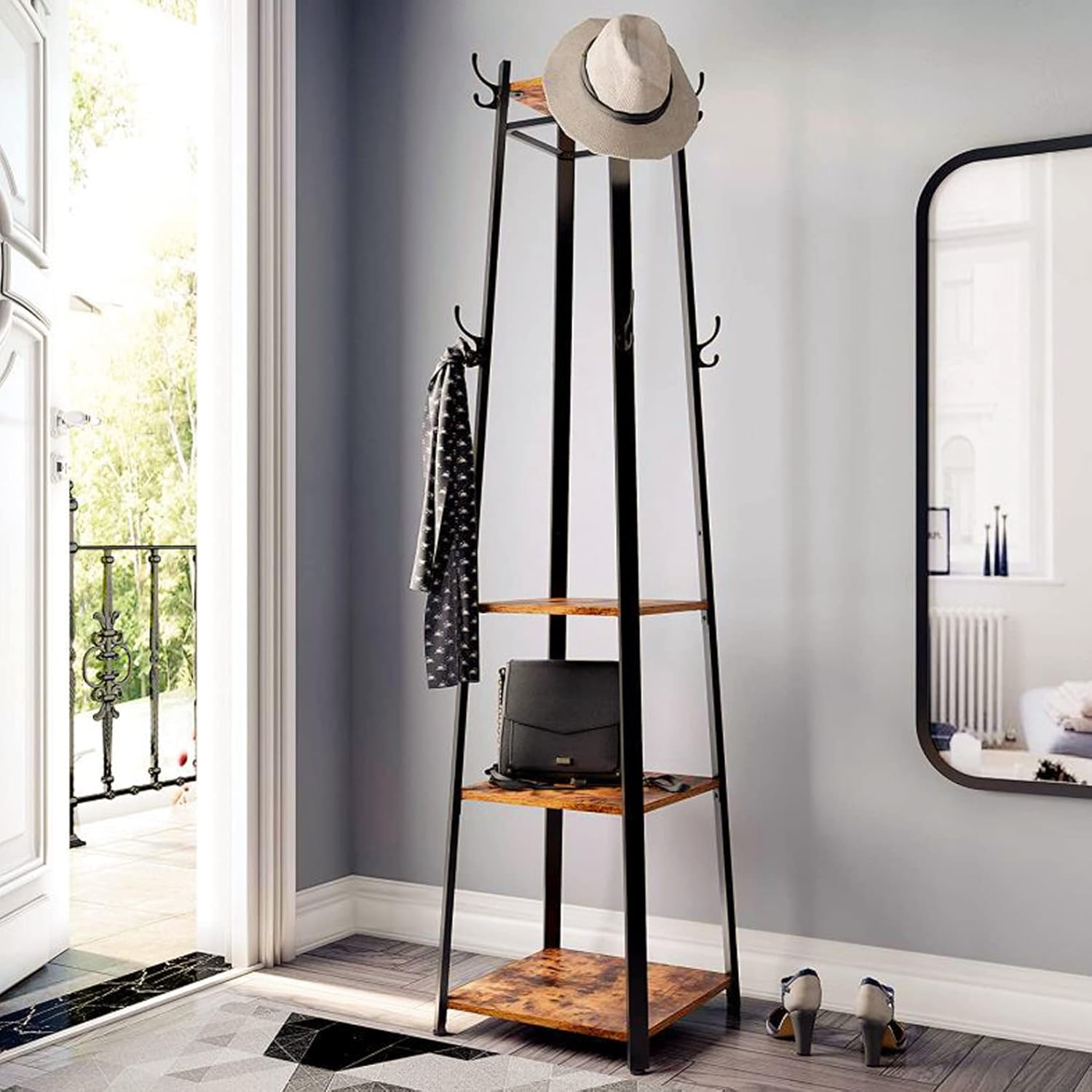 71lyrr59geL._AC_SL1500_.jpg medla metal Freestanding Clothes Hanger Stand: Metal Coat Rack with 4 Tier Wooden Shelves and 8 Hanging Hooks Industrial Cloth Shelf Organizer Hall Stand for Entryway Office Bedroom Corner - Image 1