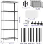 5 Tier Storage Shelves, Heavy Duty Wire Shelving Unit with Height Adjustable Shelves, Pantry Shelves with S Hooks, Sturdy Metal Storage Racks for Kitchen Bathroom Pantry Closet (Black, 60x35x150cm) - Image 2