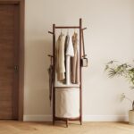 CycleCrew Solid Wood Coat Rack with Fabric Basket - Coat Hanger Stand Coat Tree Rack Freestanding with 9 Hooks Wheels, Small Clothes Rack For Entryway Bedroom Hallway Living Room