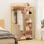 Bamboo Garment Clothing Rack, Coat Hanging Rack with Storage Shelves Open Wardrobe Coat Stand Clothes Shoes Organizer with Back Cover for Entryway Living Room - Image 2