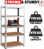 Garage Shelving Units 5-Tier Storage Shelves, 175kg Per Shelf, 5mm MDF Boards, Shed Storage Racking Shelf Adjustable Metal Boltless Design for Living Room,Office(Silver,70x30x150cm) - Image 5