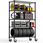 MZG 5-Tier Adjustable Heavy-Duty Metal Wire Storage Shelving Unit with Wheels (Black, 45 × 120 × 180 cm) for Garage, Warehouse, Supermarket, Balcony and Garden
