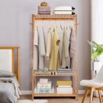 medla Bamboo Clothes Hanging Rack: Storage Clothing Stand with 2-Tier Shelf Free Standing Garment Rack Open Wardrobe with Hooks for Living Room Bedroom