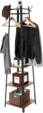 medla metal Freestanding Clothes Hanger Stand: Metal Coat Rack with 4 Tier Wooden Shelves and 8 Hanging Hooks Industrial Cloth Shelf Organizer Hall Stand for Entryway Office Bedroom Corner - Image 8