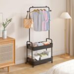 ANTOLE 2-in 1 Garment Rack, Clothing Rack with 2 Tier Metal Basket, Rolling Storage Cart Clothes Organizer Coat Rack Storage Stand on Wheels, Clothes Rack,Heavy Duty Clothing Rack (Black) - Image 3