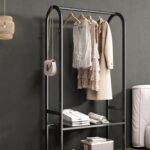 Freestanding Clothing Rack,Metal Garment Rack with Bottom Shelves and 6 Side Hooks,Black sturdy clothes racks for hanging clothes,Modern Wardrobe Organizer for Bedroom or Closet (L:31.5IN) - Image 7
