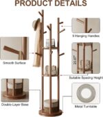 Solid Wood Rotary Coat Rack, Freestanding Coat Rack with 3 Shelves and 9 Hooks, Coat tree for Bedroom Entryway Livingroom Coat Hanger Stand for Coats Scarves, Handbags (Walnut) - Image 5
