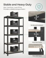 SONGMICS Standing Shelf, Bookcase, Storage Shelf, 5 Shelves, Adjustable, 40 x 90 x 180 cm, Maximum Load 875 kg, for Kitchen, Living Room, Greige-Black, GLR040B21 - Image 4