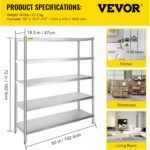 VEVOR Stainless Steel Shelving 60x18.5 Inch 5 Tier Adjustable Shelf Storage Unit Stainless Steel Heavy Duty Shelving for Kitchen Commercial Office Garage Storage 330lb Per Shelf - Image 3