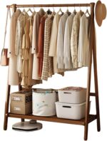Beauenty Bamboo Clothes Racks, Freestanding Clothing Hanger with Storage Rack, Clothes Hanging Shoe Rack, Coat Organizer for Hotel, Hallway, Bedroom, Office (100x46x144 cm)