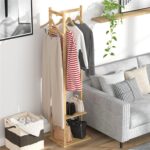 medla Bamboo Clothes Hanger Stand: Wood Cloth Rack with 3 Hanging Hooks and 2 Tier Shoe and Bag Storage Shelves Free Standing Coat Organizer for Hallway Home Office - Image 4