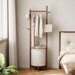 CycleCrew Solid Wood Coat Rack with Fabric Basket - Coat Hanger Stand Coat Tree Rack Freestanding with 9 Hooks Wheels, Small Clothes Rack For Entryway Bedroom Hallway Living Room - Image 4