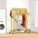 Laiensia Double Rods Garment Rack with Wheels, Clothing Rack for Hanging Clothes,4 Hooks, Multi-Functional Bedroom Clothes Rack, Gold - Image 8