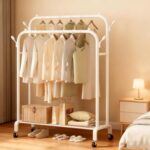 Double Rod Clothing Rack with Wheels, Free-Standing Closet Organizer with Storage Shelves, Heavy-Duty Clothes Hanging Rack with Lockable Wheels for Bedroom, Entryway, and Office (White)