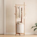 CycleCrew Solid Wood Coat Rack with Fabric Basket - Coat Hanger Stand Coat Tree Rack Freestanding with 9 Hooks Wheels, Small Clothes Rack For Entryway Bedroom Hallway Living Room