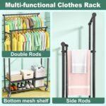 Rolling Clothes Rack with Doule Rod for Hanging, Heavy Duty Metal Garment Rack Load 350 LBS with Lockable Wheel, Free Standng Clothing Rack with 2 Shelves and Side Hooks for Home Commercial, Black - Image 5