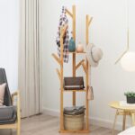 medla Bamboo Clothes Hanger Stand: Freestanding Cloth Rail Wooden Clothes Rack with 3 Tier shelves and 10 Hooks Entry Hall Tree Multifunctional Coat Stand for Bedroom Hallway - Image 2