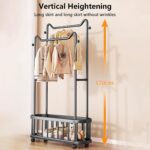 Double Rod Metal Clothes Rack with Wheels & Storage Basket, Heavy Duty Freestanding Garment Rack with Side Hooks, Rolling Coat Rack Organizer for Bedroom Laundry Room Home Storage - Image 5