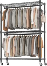 BATHWA Heavy Duty Rolling Garment Racks, 25mm Metal Pipe, 47.3" W x 17.7" D x 80.7" H Large Tall Portable Wardrobe Closet with 2 Rods, Wide Adjustable Shelves and Hangers, Clothing Hanging Storage