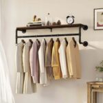 medla Clothes Rack Wall Mounted: Industrial Pipe Cloth Hanging Stand with Top Shelf Heavy Duty Clothing Hanger Rod Iron Garment Storage Bar Laundry Drying Rail for Wardrobe Bedroom Closet 100cm Long - Image 2