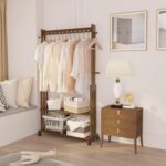 medla Wooden Clothes Hanger Rail: Heavy Duty Clothes Rail stand Bamboo Clothing Rack Wheels Clothes Rail Stand with Wheels Coat Rack on Wheels with 2 Tier Shelves for Bedroom, Living Room - Image 3