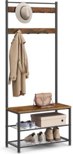Vasagle Coat Rack Stand, Industrial Coat Tree, Hallway Shoe Rack And Bench With Shelves, Hall Tree With Hooks, Matte Metal Frame, Height 175 cm Rustic Brown Hsr41Bx