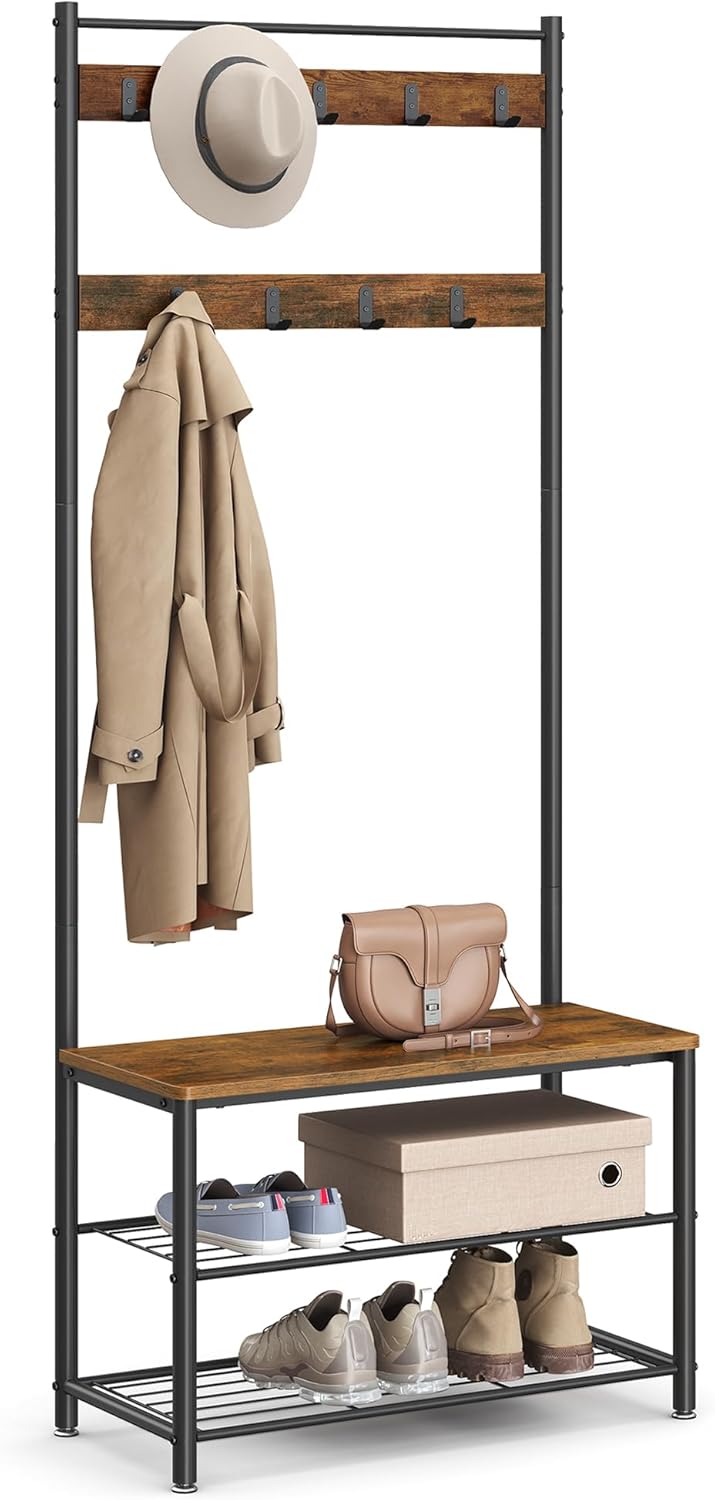 71v6WBGPL._AC_SL1500_.jpg Vasagle Coat Rack Stand, Industrial Coat Tree, Hallway Shoe Rack And Bench With Shelves, Hall Tree With Hooks, Matte Metal Frame, Height 175 cm Rustic Brown Hsr41Bx - Image 1