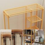 Bamboo Garment Clothing Rack, Coat Hanging Rack with Storage Shelves Open Wardrobe Coat Stand Clothes Shoes Organizer with Back Cover for Entryway Living Room - Image 7