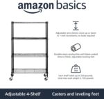 Amazon Basics 4-Shelf Adjustable, Heavy Duty Storage Shelving Unit on 7.62 cm Wheel Casters, Metal Organizer Wire Rack, Black, 91.4 cm L x 110.16 cm W x 146 cm H - Image 4